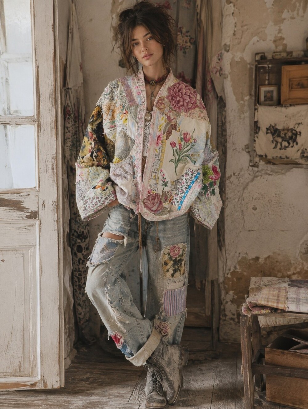 OOAK Handcrafted Patchwork Quilt Jacket Floral Cat Tapestry Wearable Art osfm